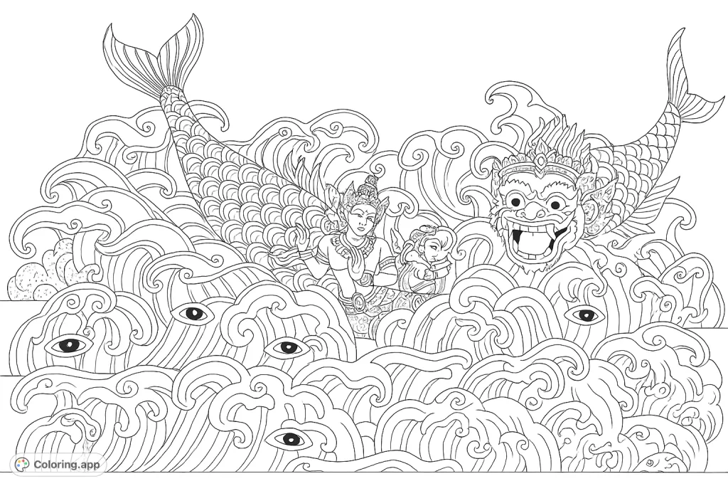 Captivating mythical sea creatures navigate intricate, swirling waves in this detailed design. Perfect for explorers of fantasy and folklore.