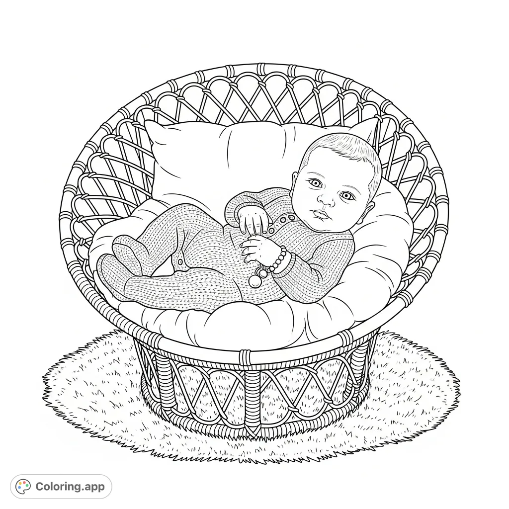 A serene newborn baby in a textured knitted outfit, nestled in a round, open-weave chair on a soft rug. A charming, free printable newborn baby coloring page.