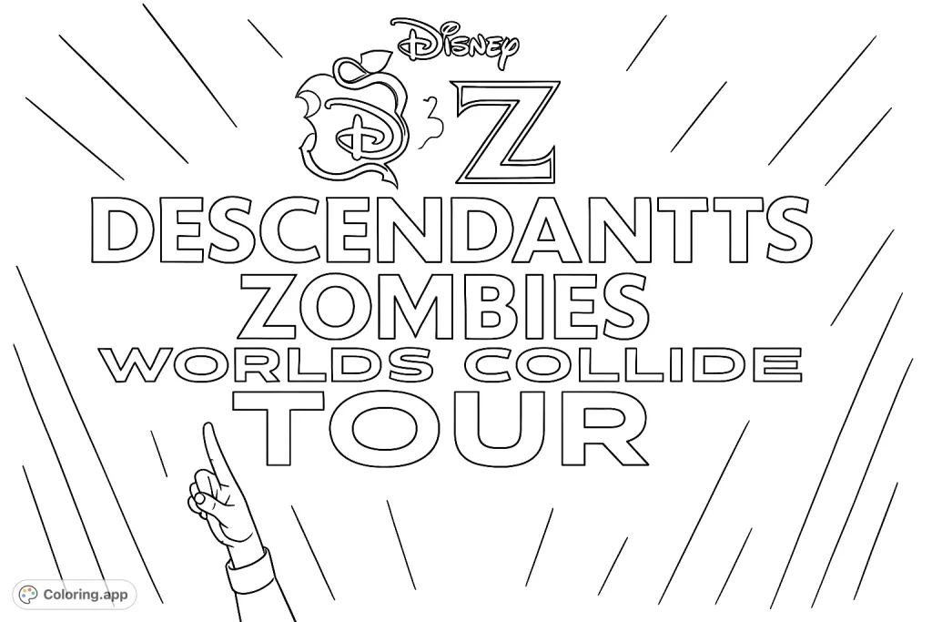 Bring the magic of the Descendants and Zombies worlds to life! Color this dynamic logo featuring iconic text, a unique apple emblem, and stage lighting.