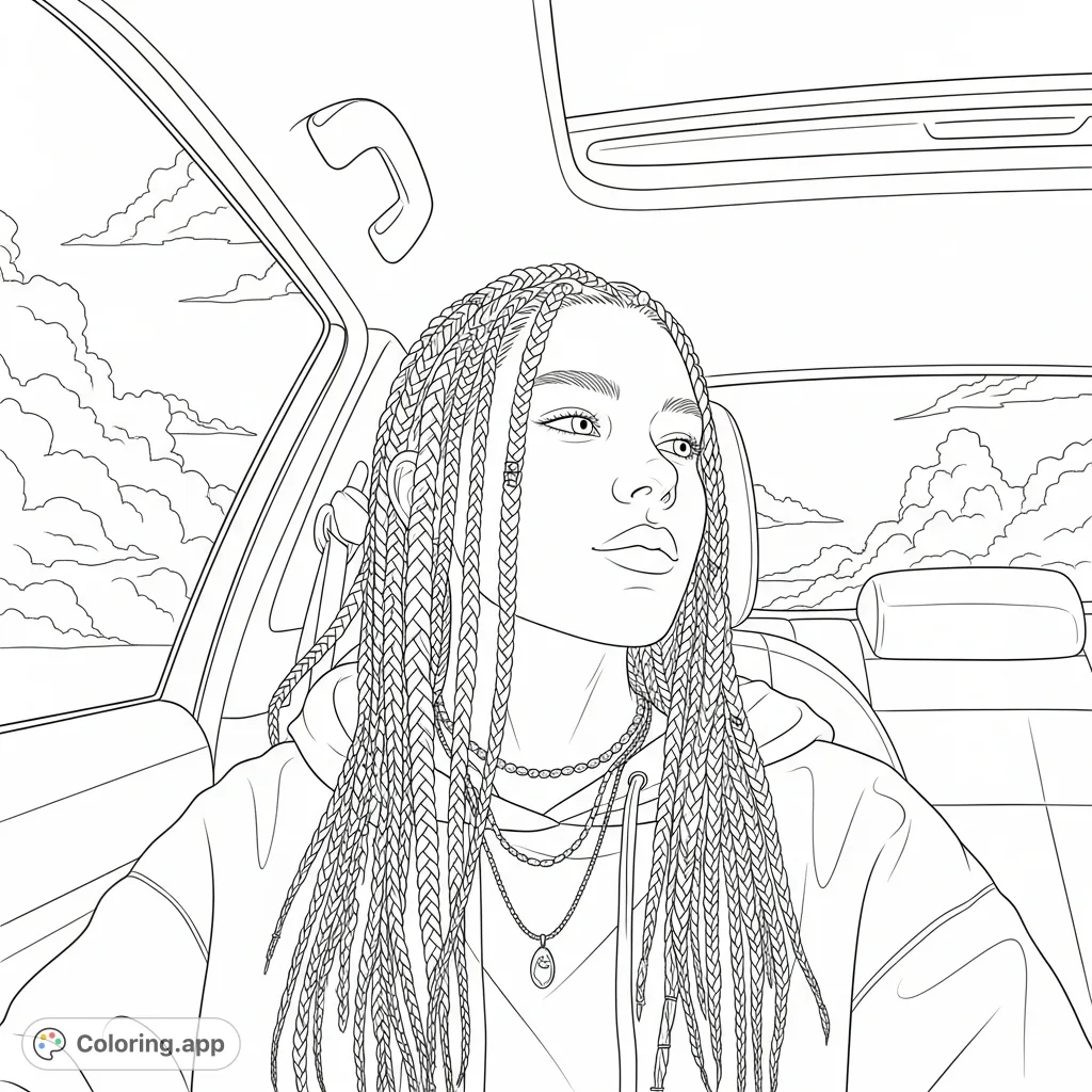 A serene portrait of a young person with intricately braided hair, seated in a vehicle. Layered necklaces and a hooded garment add to their calm, stylish presence against a backdrop of clouds and a sunroof.