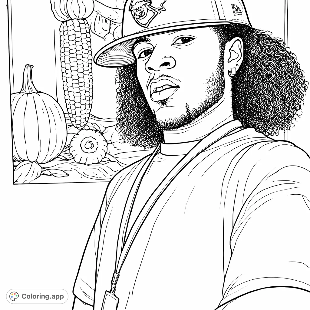 A contemporary portrait of a man in a cap and lanyard, set against a background featuring classic harvest elements like corn, pumpkin, and apple, offering a unique coloring experience.