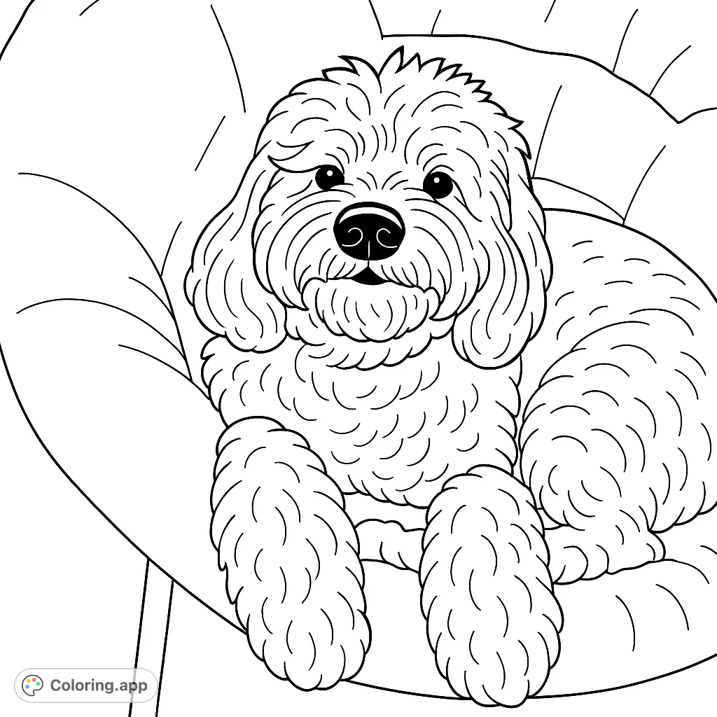 A charming fluffy dog rests in its plush bed. Perfect for animal lovers, this intricate dog coloring page offers a delightful challenge to bring out textured fur and a cozy scene.