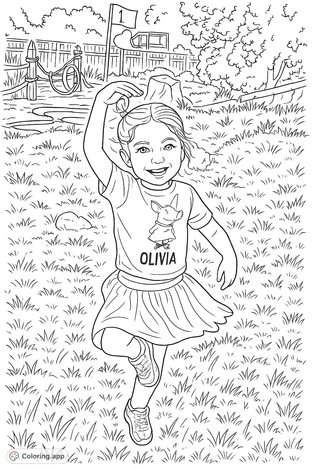 A joyful girl strikes a graceful pose in a lively outdoor setting with a playground in the background, perfect for creative expression.