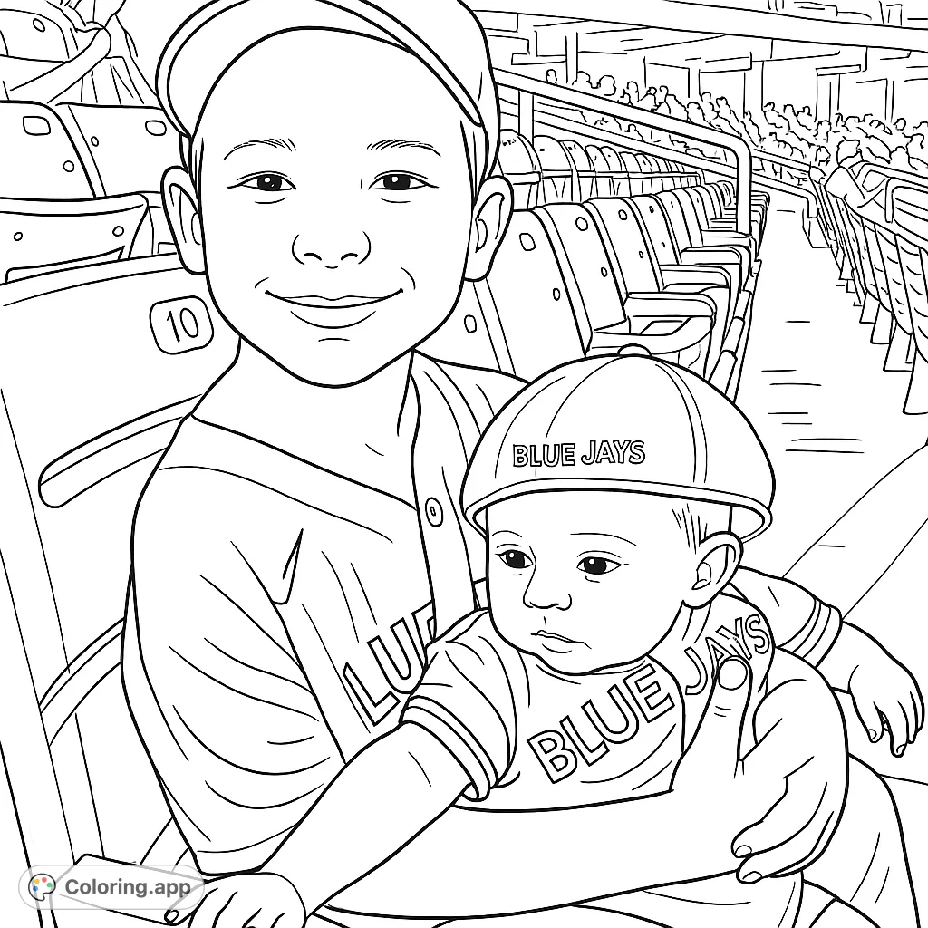 Two brothers, one older and one a baby, enjoy a baseball game in the stadium stands, both wearing team jerseys and caps. A heartwarming sports scene.