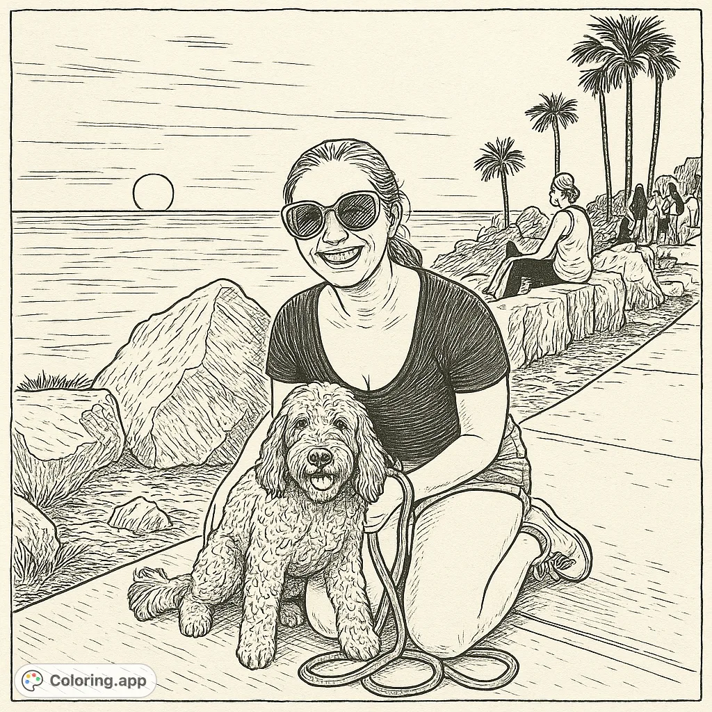 Capture a heartwarming vintage scene of a woman and her fluffy dog by the ocean with palm trees in the background. A delightful free printable coloring page.