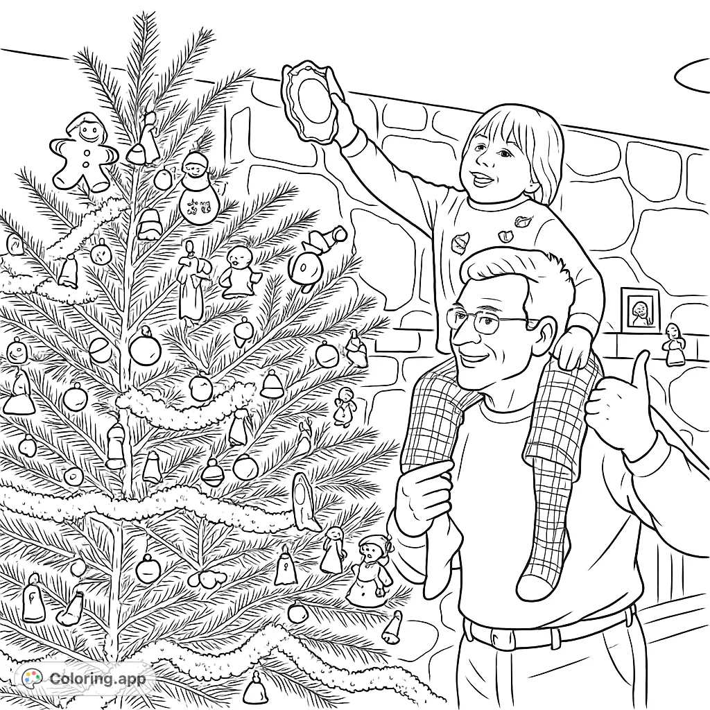 A heartwarming family moment capturing a child on a parent's shoulders, joyfully placing an ornament on a lavishly decorated festive tree. Perfect for holiday coloring fun!