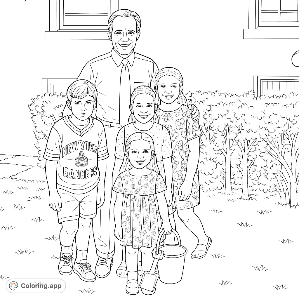 Capture the warmth of a family gathering with this detailed outdoor portrait featuring a man and four smiling children, perfect for a personalized coloring experience.