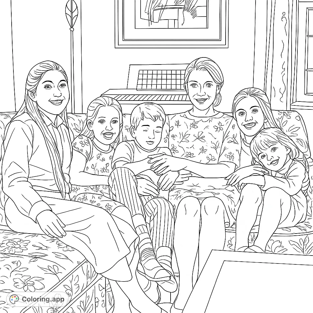 A heartwarming family portrait with an adult and five children on a floral sofa. This family gathering coloring page is perfect for celebrating connections.