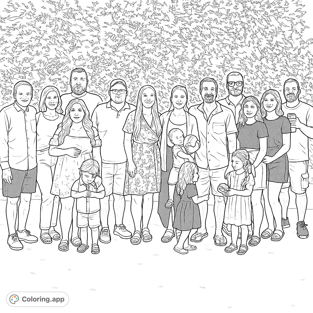 Capture the warmth of a large family gathering with this detailed family portrait coloring page, featuring adults, children, and a baby in a casual outdoor setting.