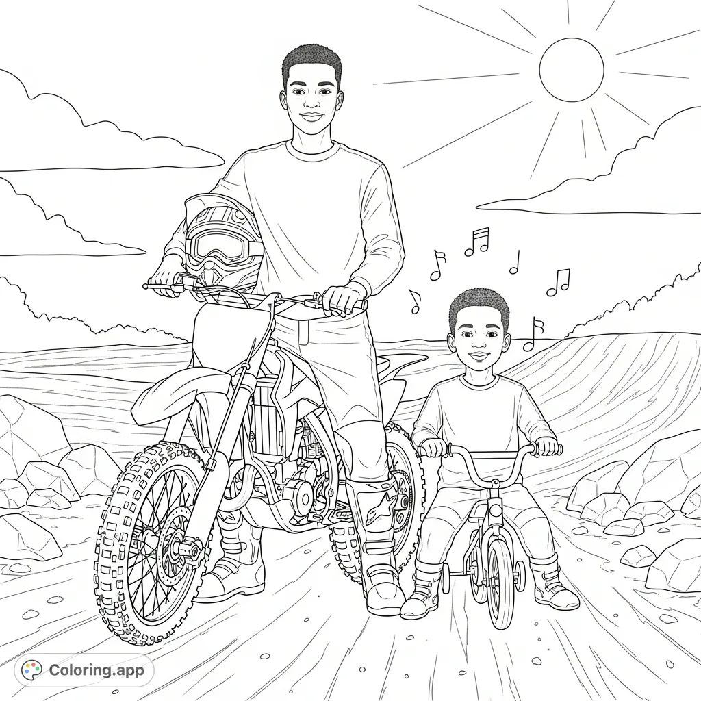 Join African American brothers Ashton and Juelz on a dirt track adventure! Ashton poses with his motocross bike while Juelz enjoys his toddler bike.