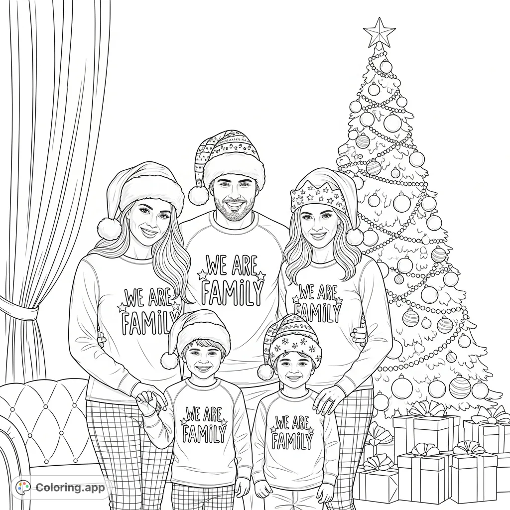 Capture the warmth of a holiday gathering with this detailed family portrait coloring page, featuring festive hats, personalized shirts, and a beautifully decorated tree.