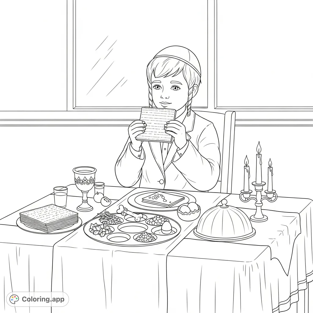 Capture a chasidic boy at a festive Seder table, holding matza, surrounded by symbolic Seder plate items and ritual objects. A meaningful cultural scene.