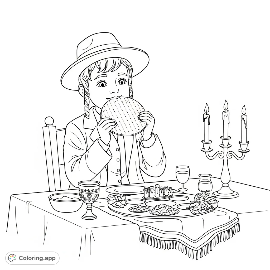 Discover this meaningful Chasidic boy Seder coloring page. Featuring a boy enjoying matza at a Seder table, it's perfect for cultural learning and mindful coloring.