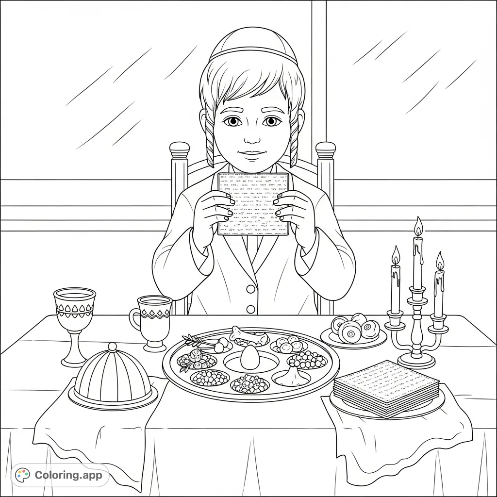 Experience the joy of Passover with this touching chasidic boy Seder coloring page, featuring a boy eating matza amidst traditional ritual items.