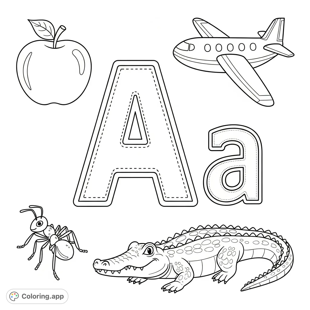 An engaging 'A' alphabet coloring page featuring traceable uppercase and lowercase 'A', surrounded by an apple, airplane, ant, and alligator for early learning.