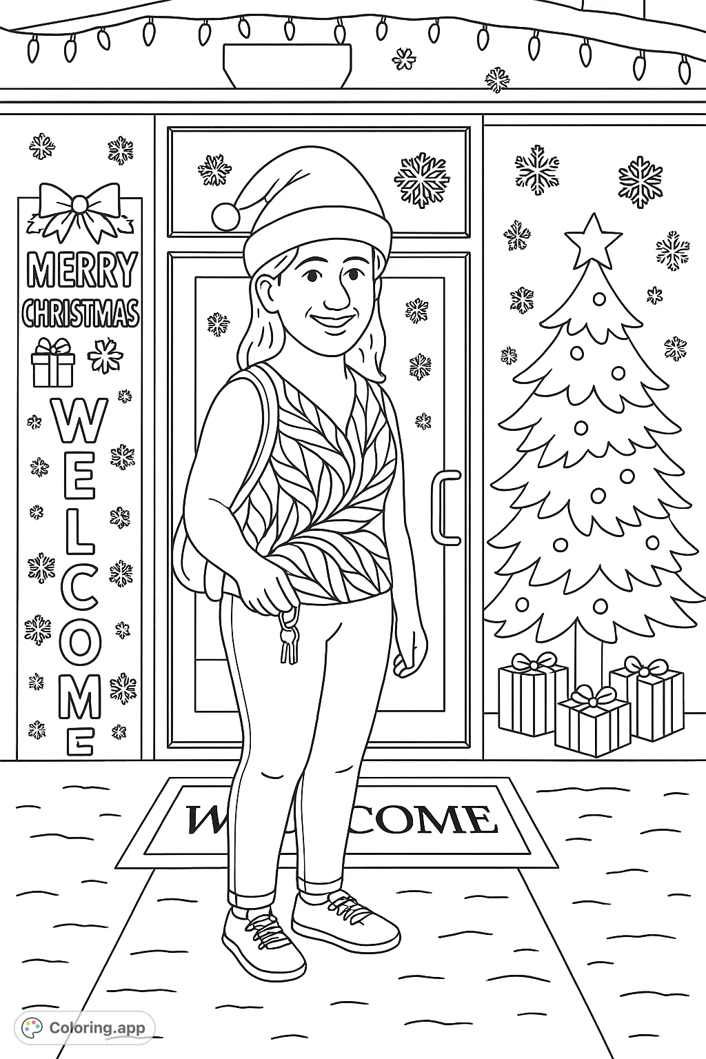 A joyful woman in a Santa hat stands before a festive, snow-dusted doorway adorned with a Christmas tree, gifts, and a welcome banner.