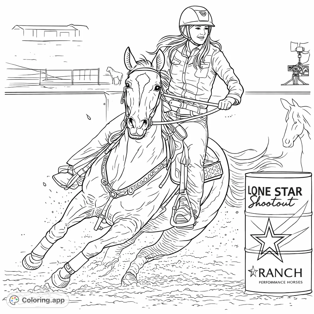 Experience the thrill of barrel racing! A rider and horse in dynamic motion, rounding a barrel in an arena. A captivating equestrian coloring page.