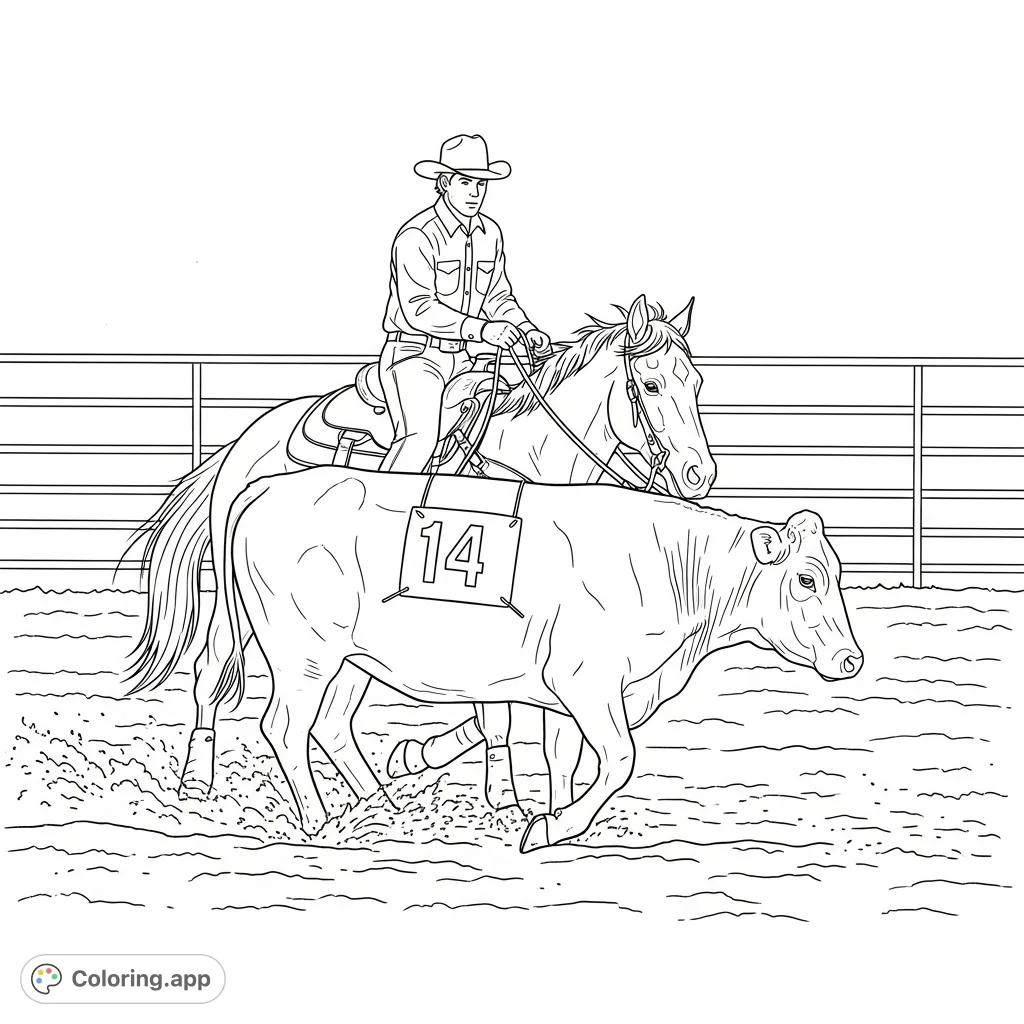 Experience the thrill of a ranch sorting competition. A skillful rider guides a horse alongside a numbered cow, captured in a dynamic western scene.