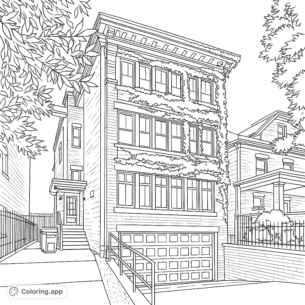 Explore a detailed urban dwelling, featuring brick textures, numerous windows, and captivating climbing foliage. A charming architectural scene awaits your creative touch.