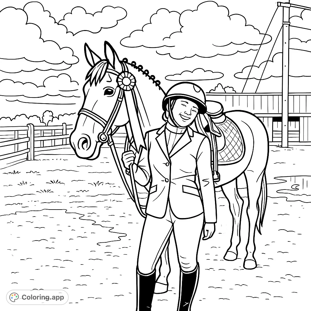 A joyful rider and her proud horse, adorned with a championship ribbon, ready for a fun coloring adventure. Perfect for horse lovers!