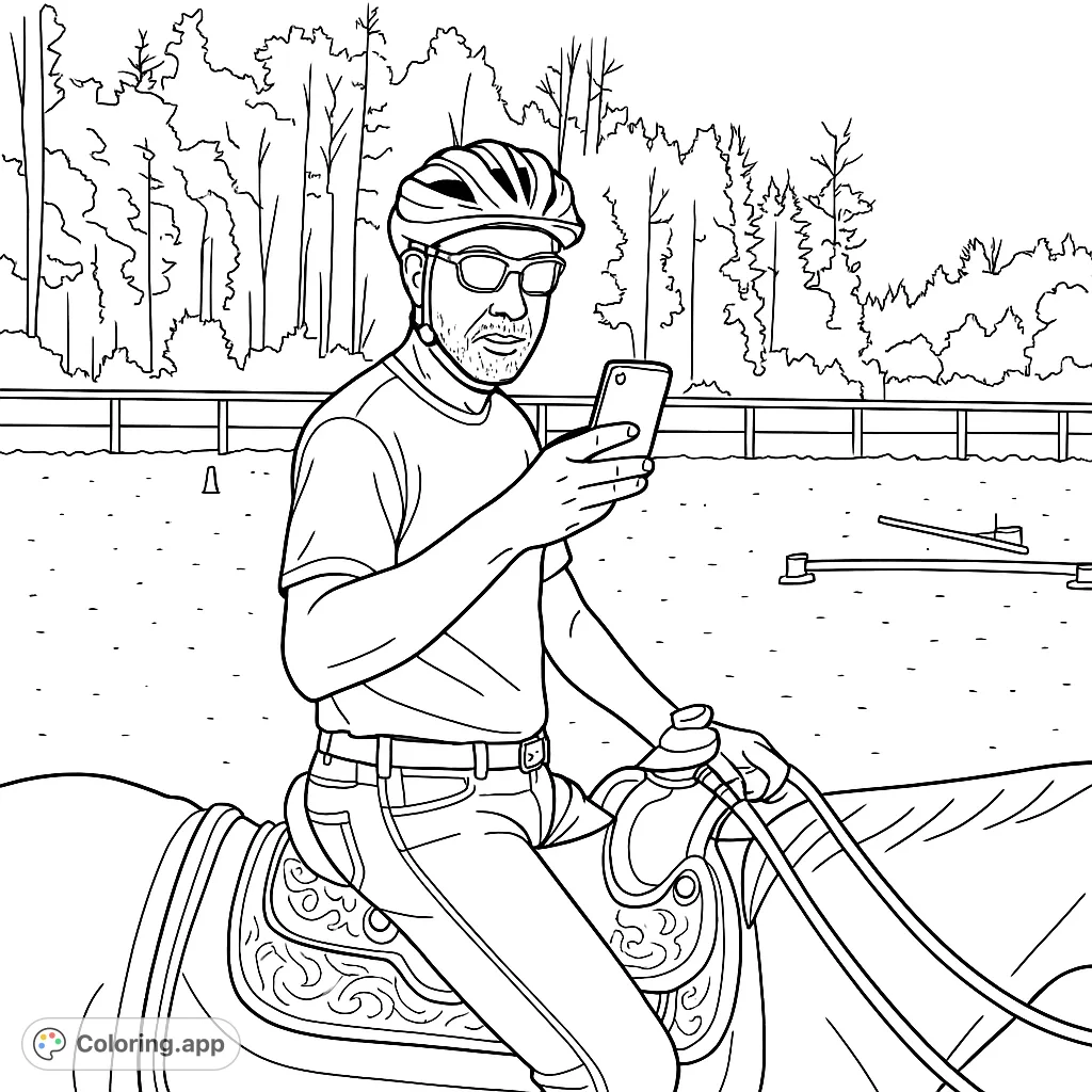 A unique equestrian coloring page featuring a man on horseback, helmeted and with sunglasses, checking his smartphone in a sandy arena. Modern horse riding theme!