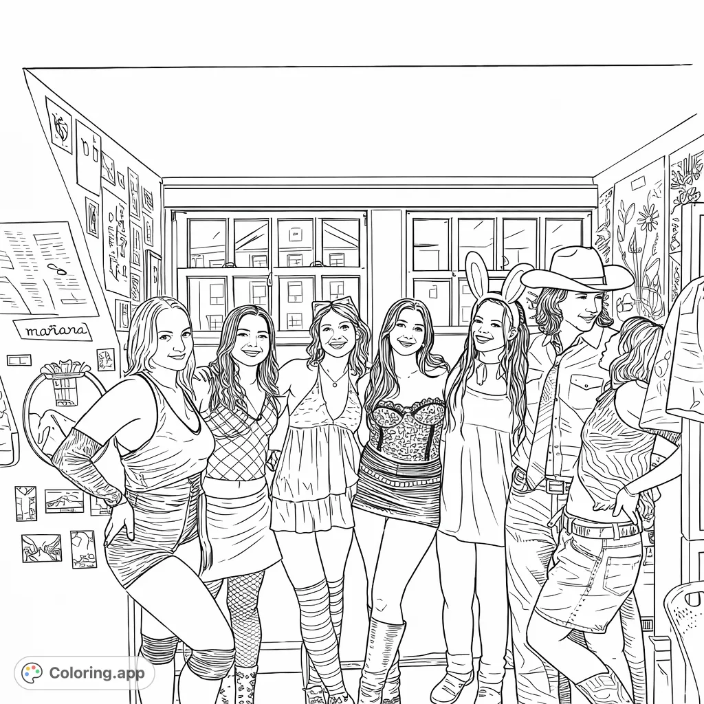 Capture the lively spirit of seven friends in creative costumes. A fun and detailed group scene perfect for imaginative party coloring page activities.
