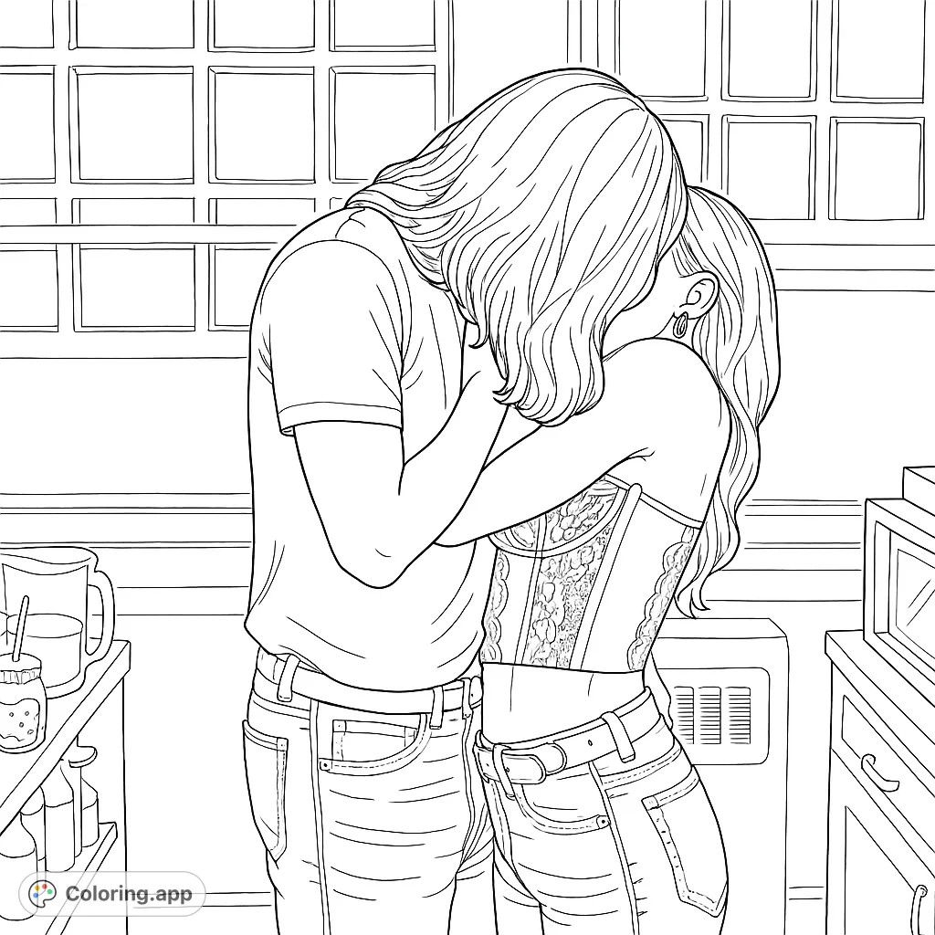 Capture a tender moment between two people in an intimate embrace. This romantic coloring page features a couple sharing a kiss, perfect for expressing feelings.