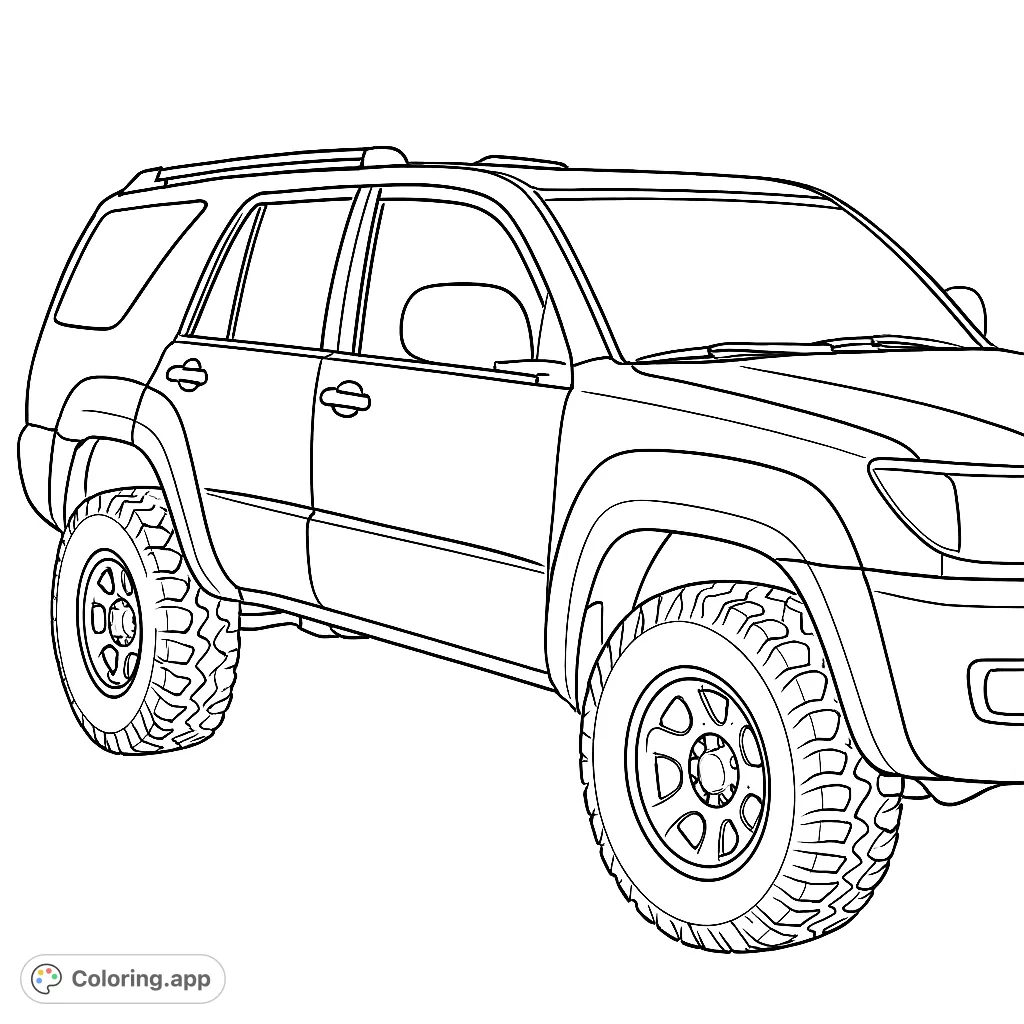 Color this powerful off-road SUV, featuring aggressive tires, a sturdy body, and roof rack. Perfect for car enthusiasts and adventure seekers!