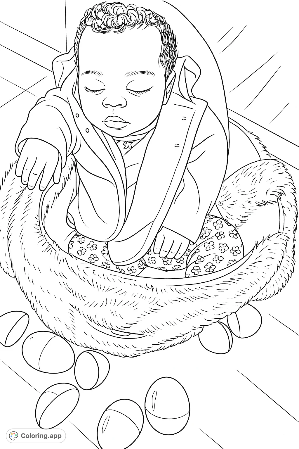 A precious baby rests peacefully in a plush bunny-shaped basket, surrounded by scattered festive eggs. A heartwarming scene perfect for coloring.