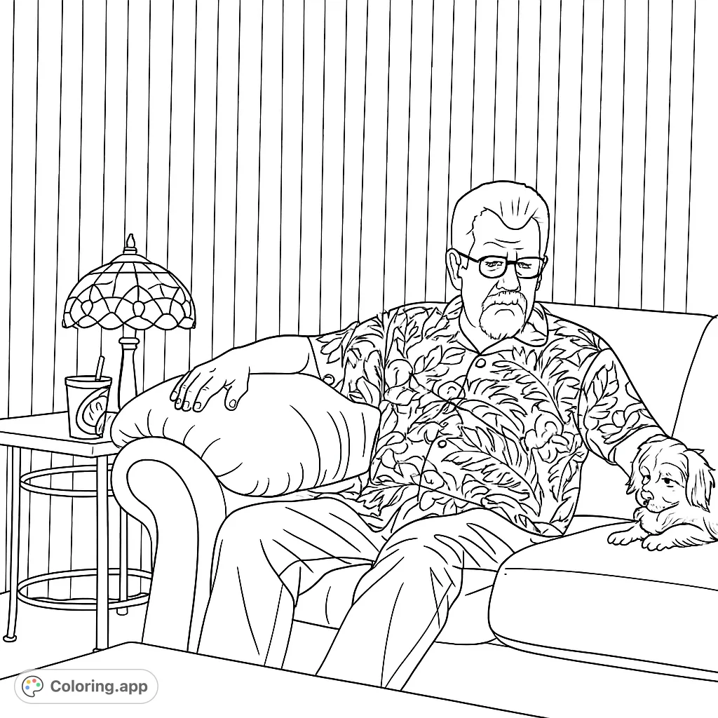 A man and his dog relaxing on a sofa, with a decorative lamp and patterned drapes. Perfect for a cozy and detailed coloring experience.