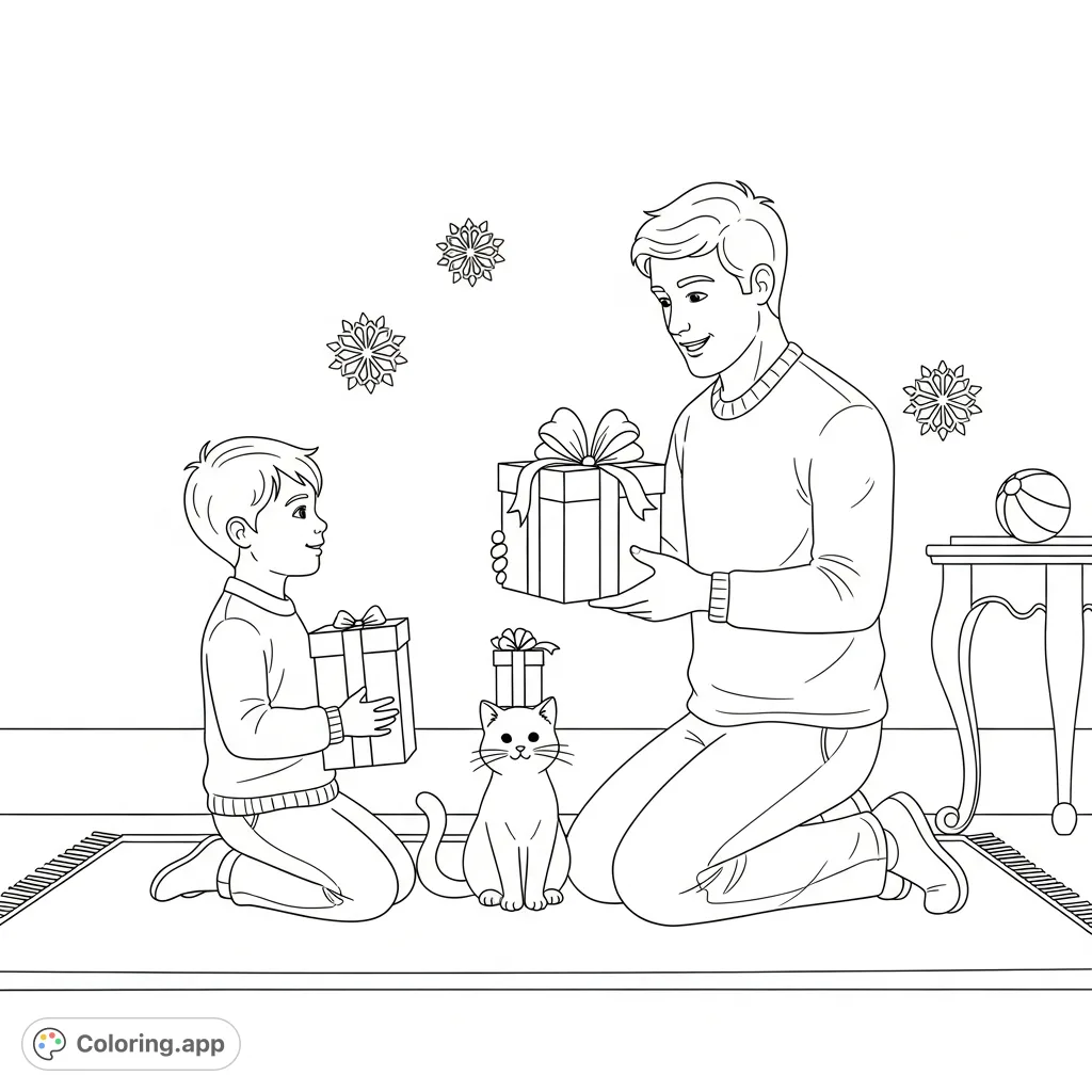 A heartwarming scene of a father and son with their family cat, surrounded by presents and snowflakes, capturing a moment of anticipation and joy.