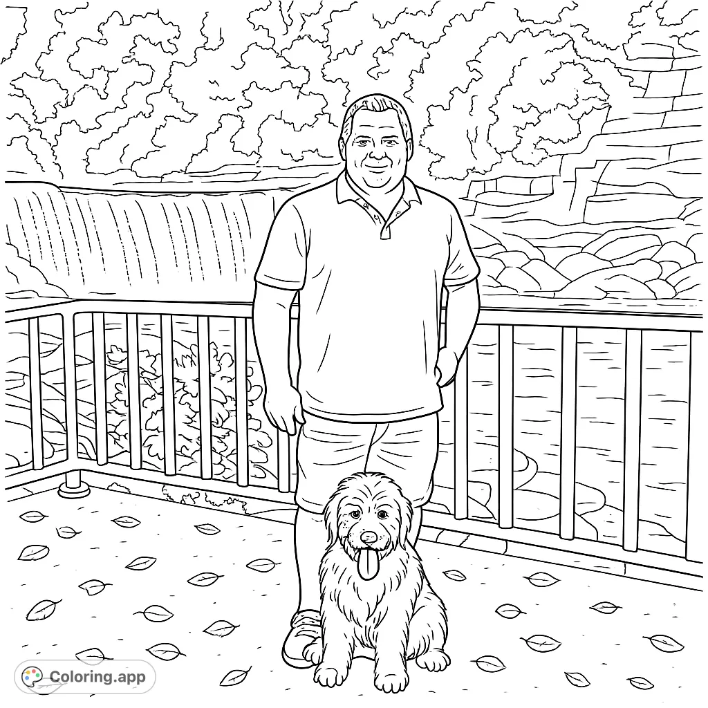 A heartwarming scene featuring a man and his fluffy dog posing by a majestic waterfall, framed by a scenic river and lush forest. A nature adventure.