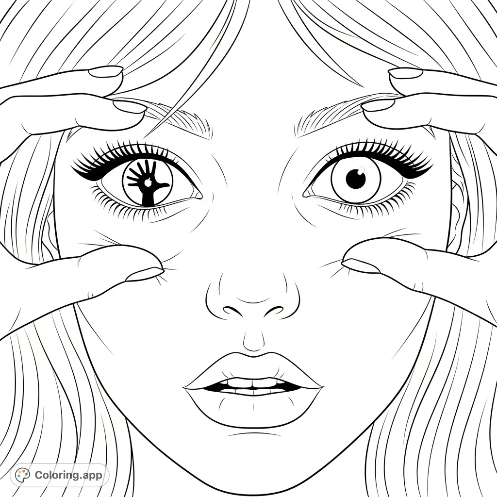 A dramatic close-up face portrait, highlighting tension with hands pulling skin around wide eyes and an open mouth. Intricate details invite expressive coloring.
