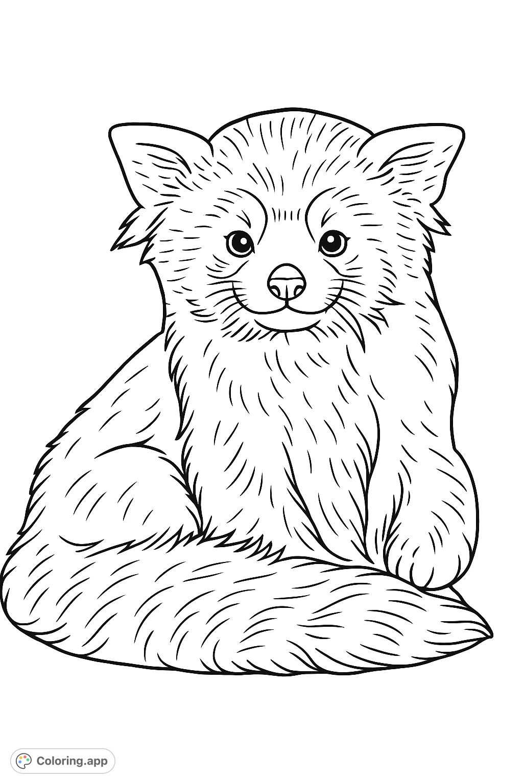 Color this adorable red panda portrait! Features its distinctive facial markings, fluffy ears, and a beautiful striped tail, ready for your creative touch.