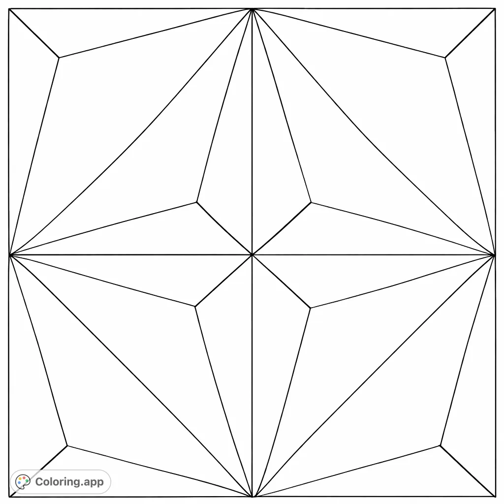 Explore a captivating geometric facets pattern with interlocking triangular and trapezoidal shapes. This intricate design offers a meditative coloring experience.