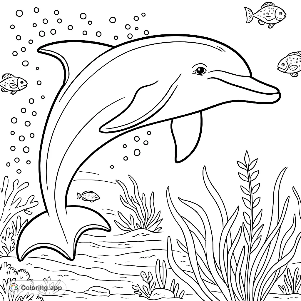 Dive into an ocean adventure with this joyful dolphin coloring page! Featuring a sleek dolphin amidst bubbles, fish, and aquatic plants.