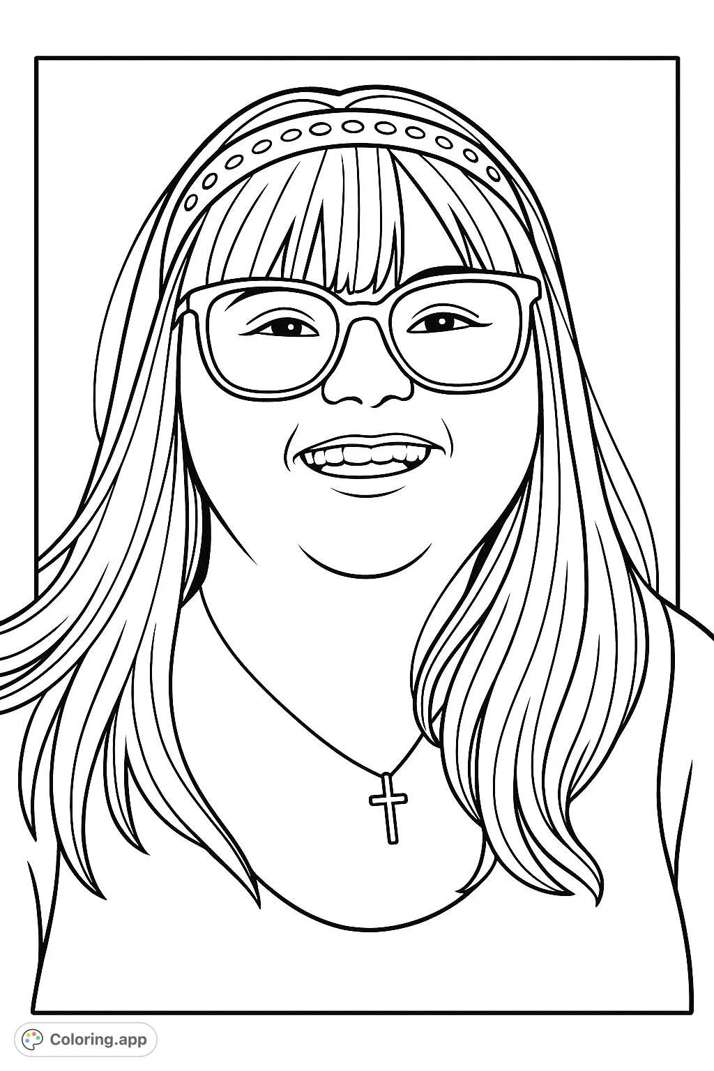 Capture joy with this portrait of a smiling woman wearing stylish sunglasses and a decorative headband. A delightful coloring page for all ages to express creativity.
