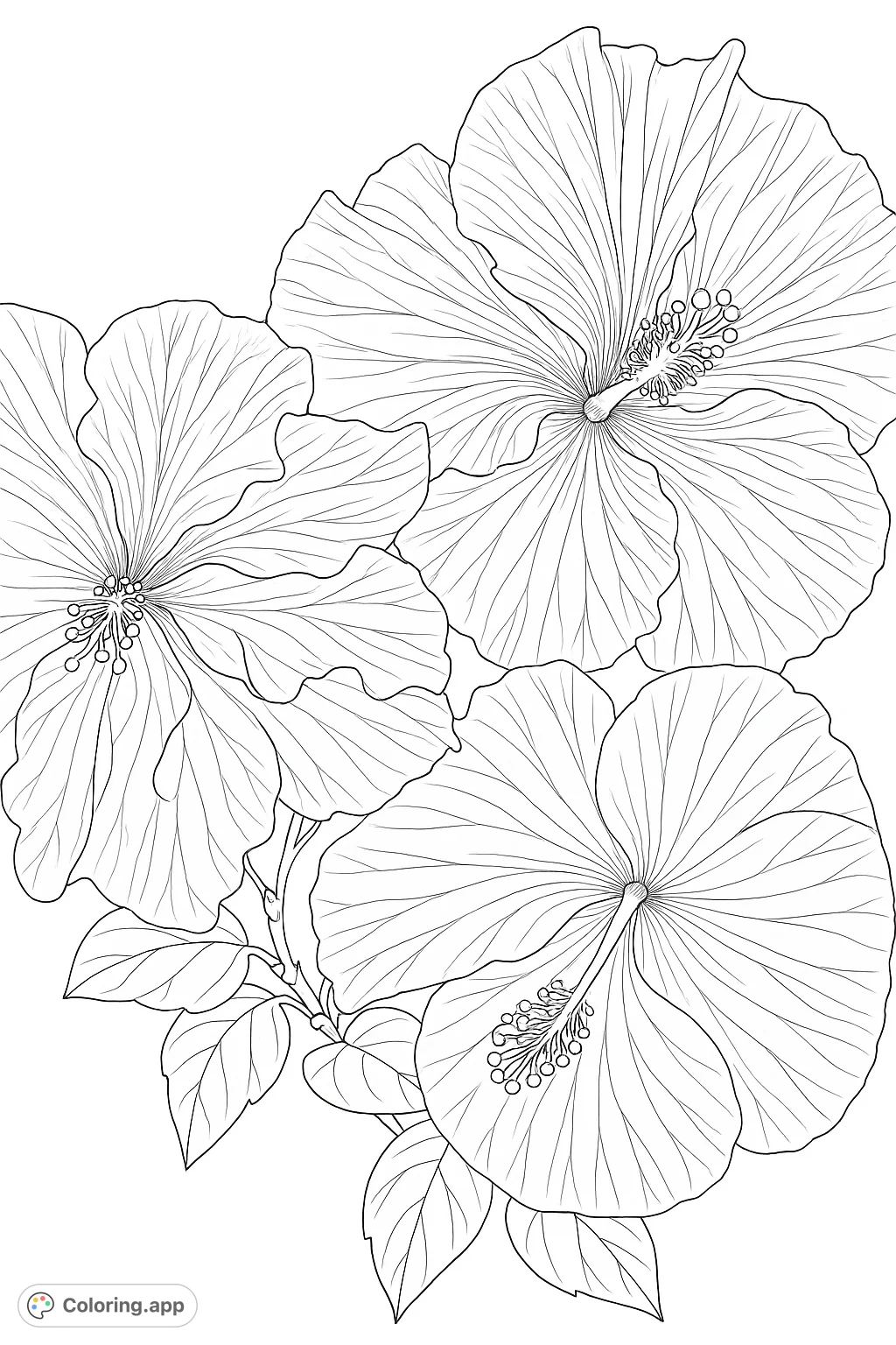 Three magnificent hibiscus flowers with intricate petals and prominent stamen structures, nestled among foliage. A delightful tropical floral design for coloring enthusiasts.