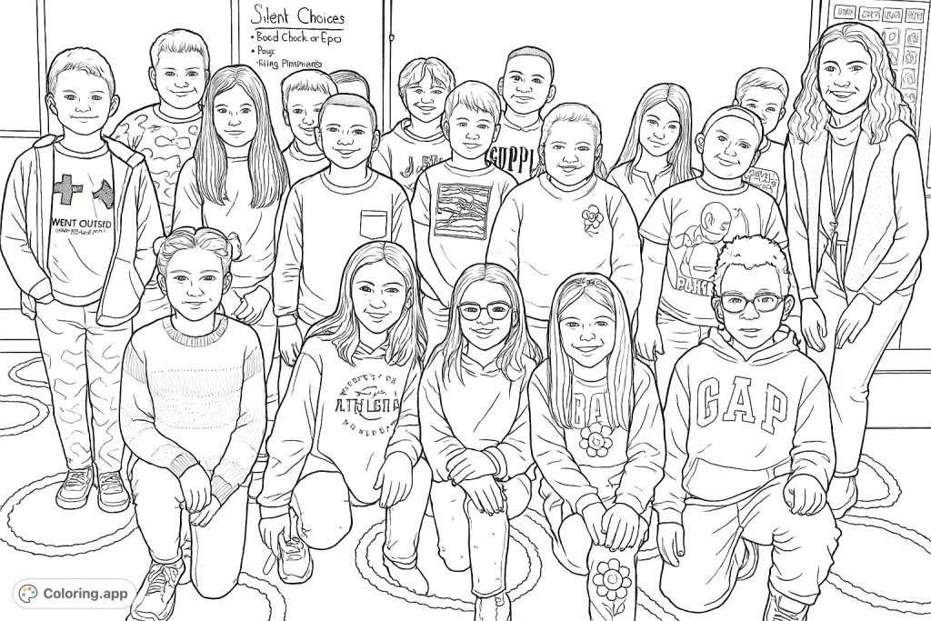 Capture the joy of a bustling classroom with this group portrait coloring page. Featuring smiling children and their teacher, it's perfect for celebrating school days and friendships.
