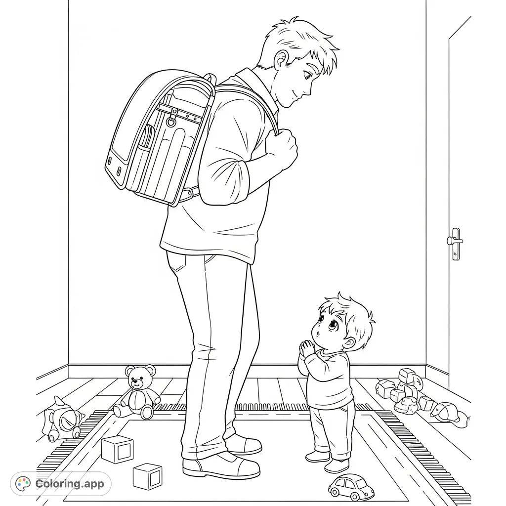 A heartwarming scene of a father playfully carrying a large school backpack as his curious toddler watches with wide eyes, capturing a sweet daily moment.