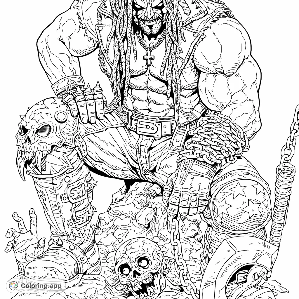 Unleash your creativity on this powerful Lobo coloring page! A muscular anti-hero, adorned with chains and spikes, squats on a pile of skulls, cigar in hand.