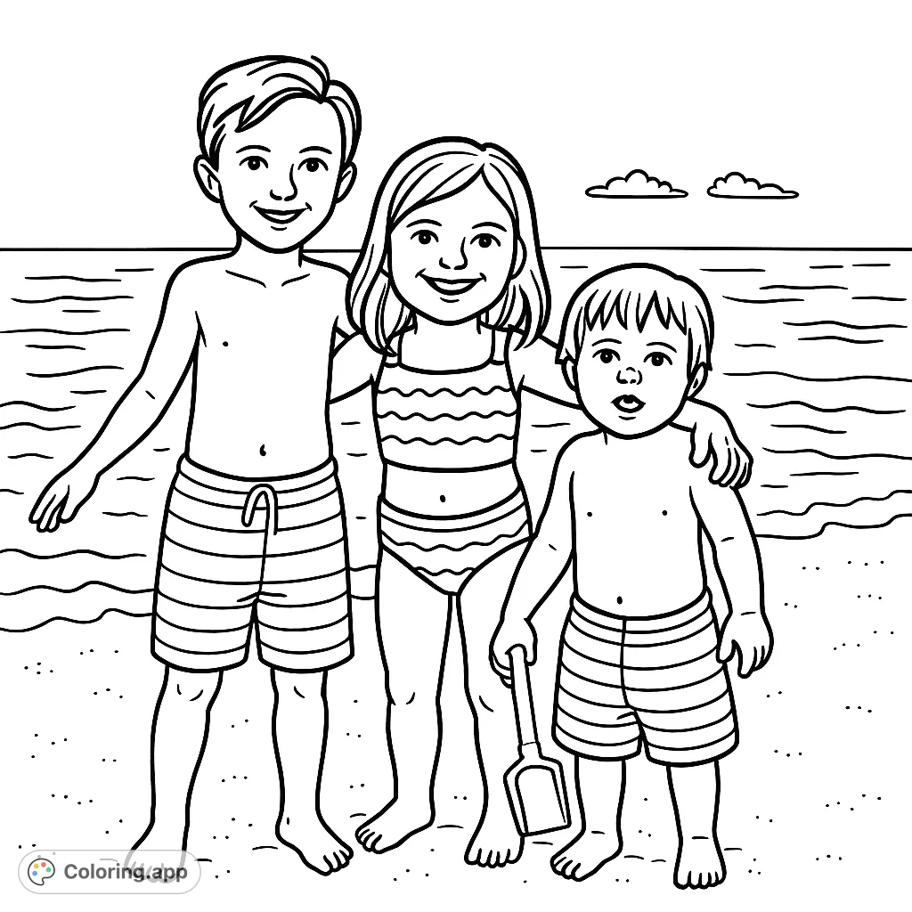 Capture the joy of summer with this beach coloring page featuring three smiling children in striped swimwear. Perfect for a sunny day's creative activity.
