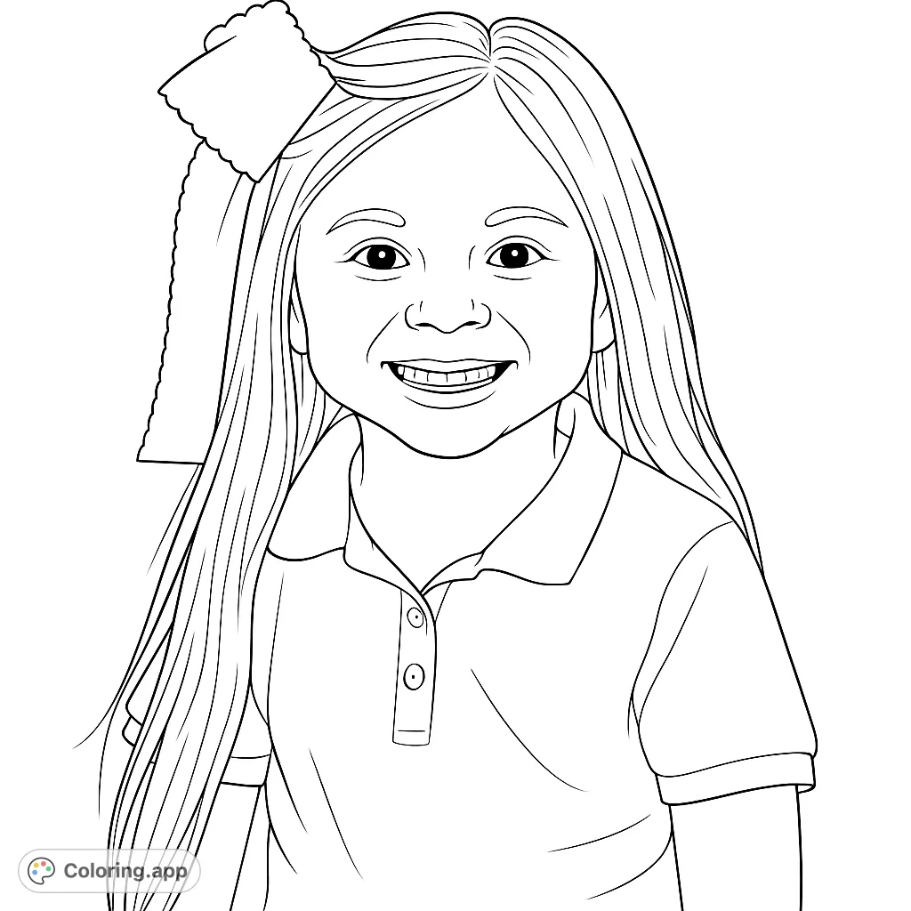 A delightful smiling girl with flowing hair and a charming bow, ready for your creative touch. Perfect for young artists and anyone seeking a heartwarming portrait.