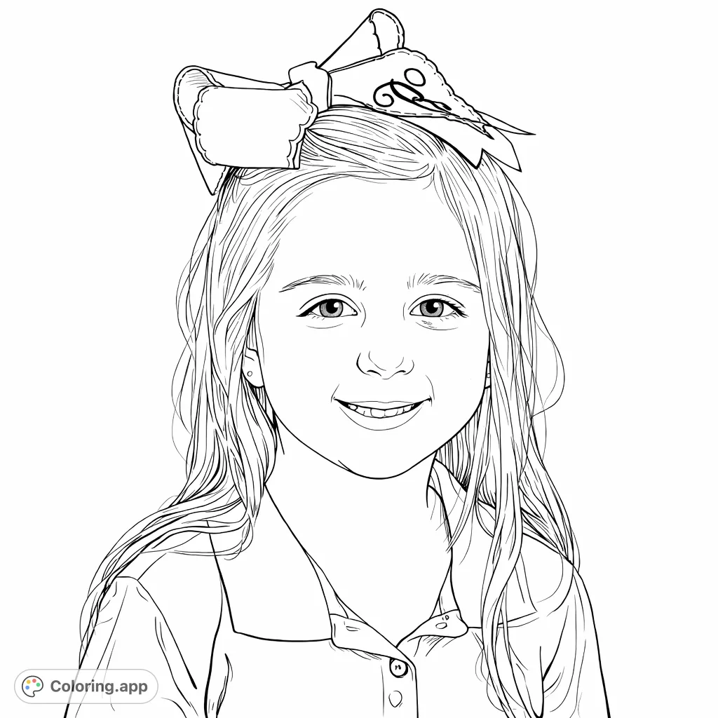 A delightful coloring page featuring a smiling young girl wearing a large, decorative bow with an initial. Perfect for capturing joy and creativity.