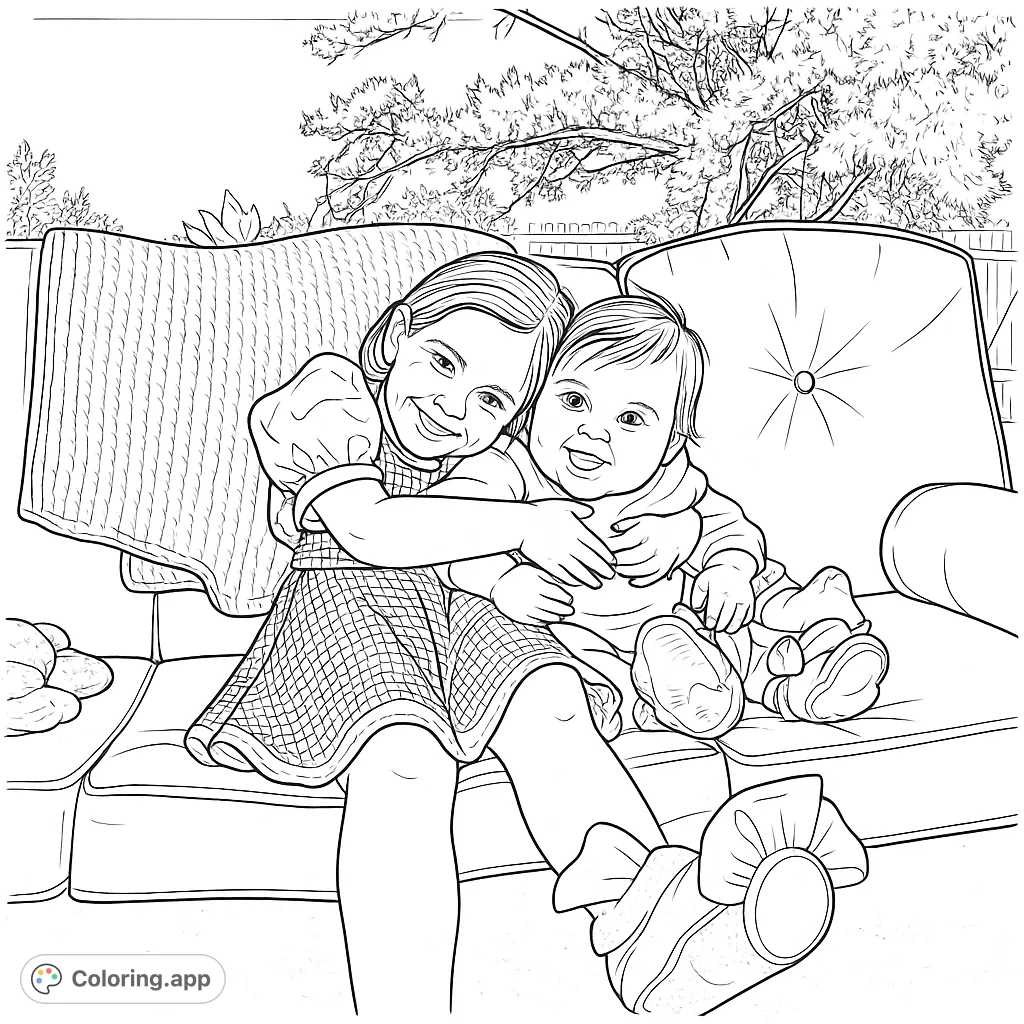 A delightful coloring page featuring two smiling siblings on an outdoor swing, perfect for celebrating family bonds and imaginative play with costumes.