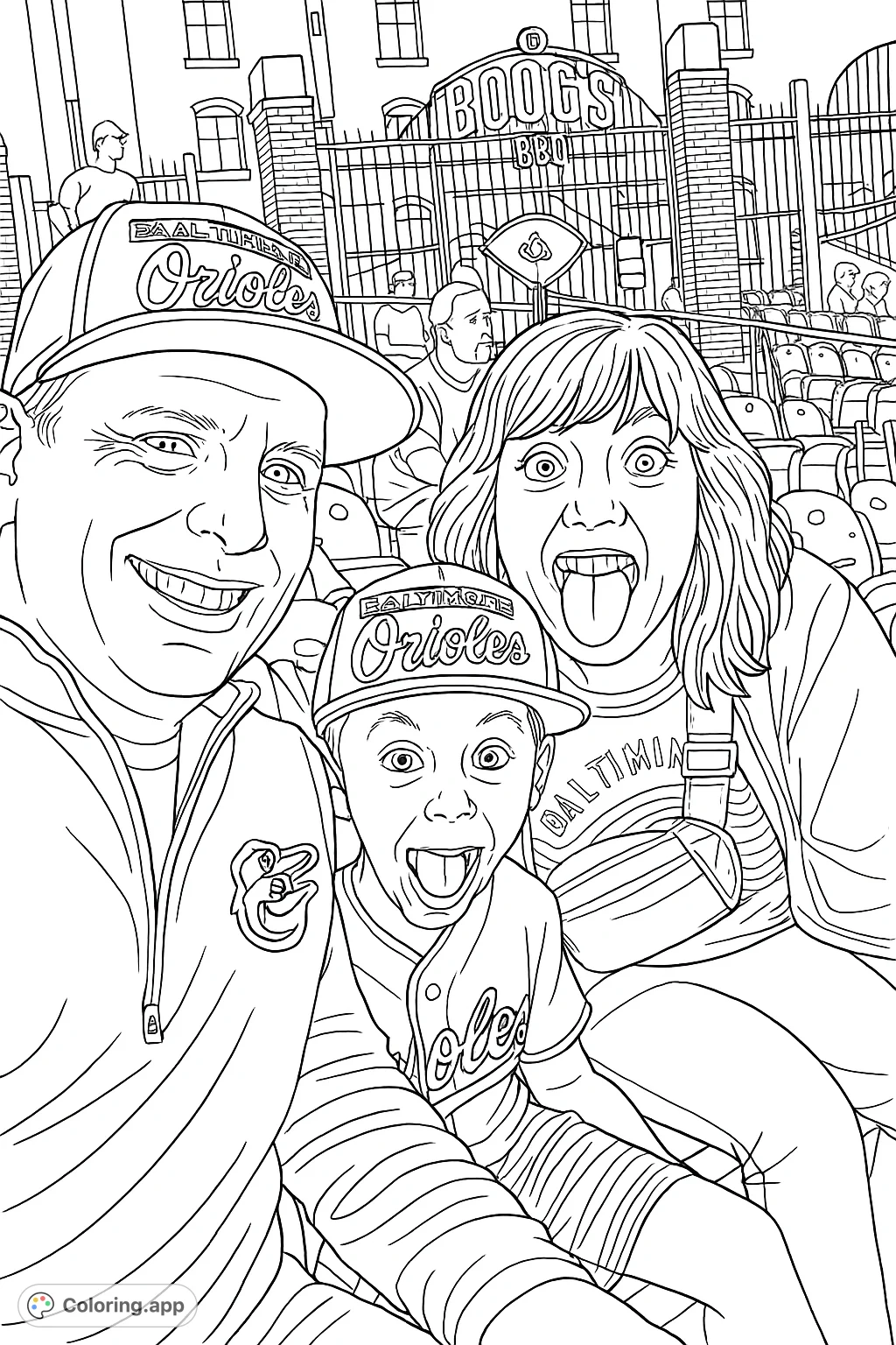 Capture the excitement of a baseball game with a family showing joyful and playful expressions in a lively stadium setting, complete with detailed architecture.