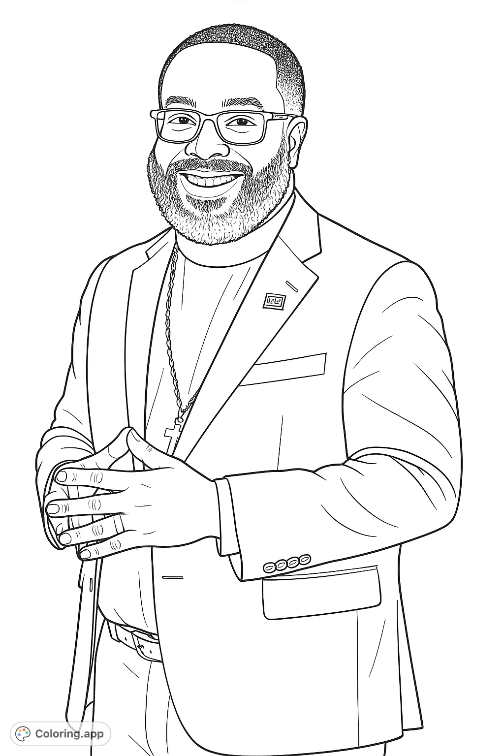 A distinguished clergyman smiling, dressed in formal attire with a clerical collar and a patterned chain. Perfect for mindful coloring.