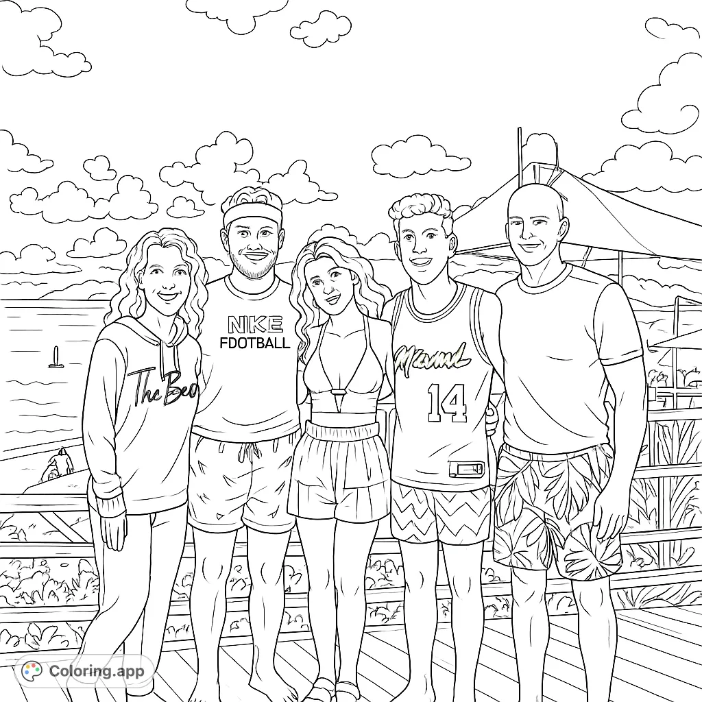 A heartwarming family portrait on a beachside deck at sunset, capturing vacation memories with personal touches. This free printable family coloring page awaits your creativity.