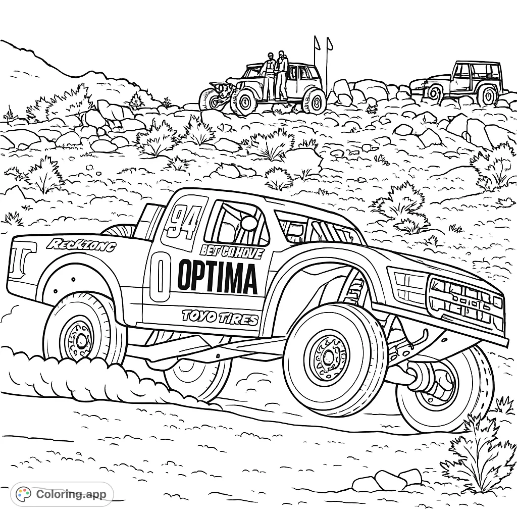 Experience the thrill of off-road racing with this dynamic coloring page featuring a powerful truck mid-jump, kicking up dust in a rugged desert landscape. Perfect for adventure fans!