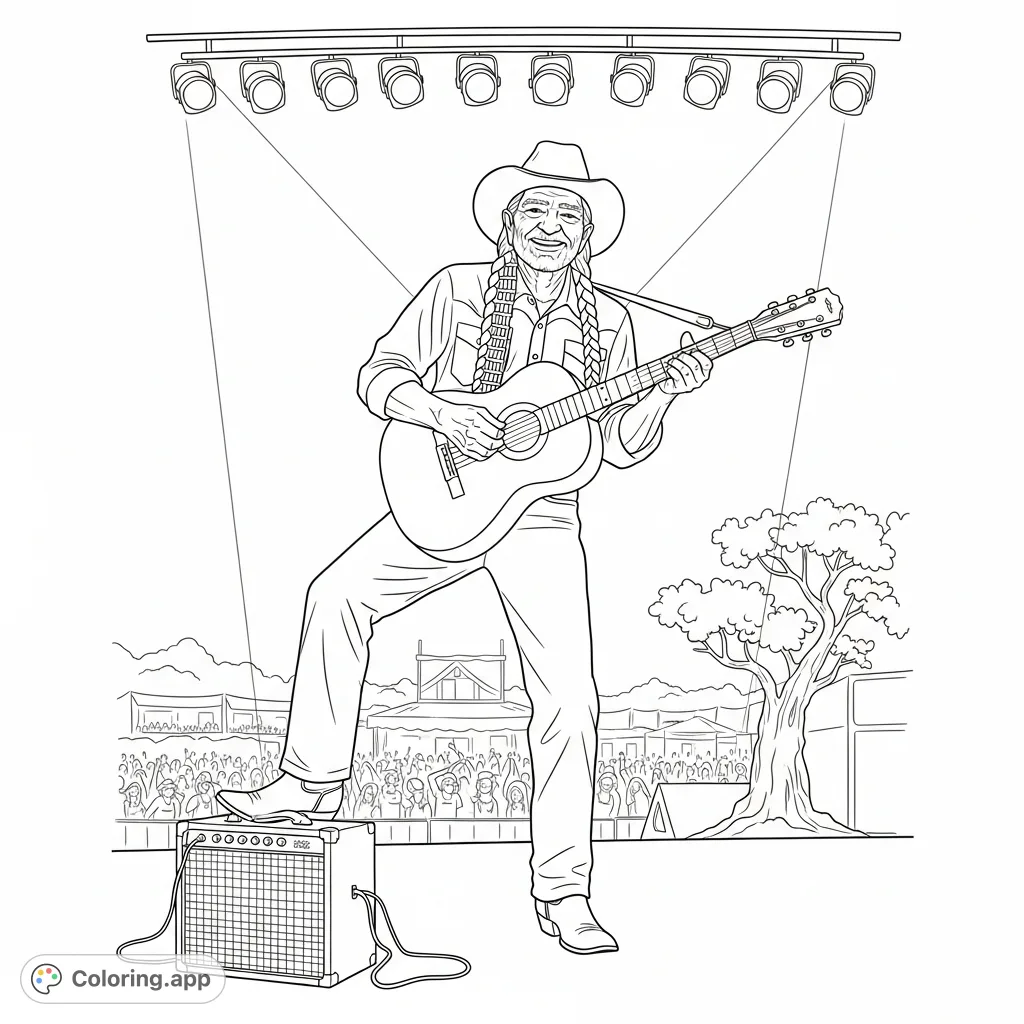 Capture the iconic energy of Willie Nelson on stage, mid-strum, with a joyful grin, amplifier, and an outdoor festival crowd in the background.